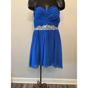 City Studio formal dress knee length blue strapless rhinestone crisscross sz 9